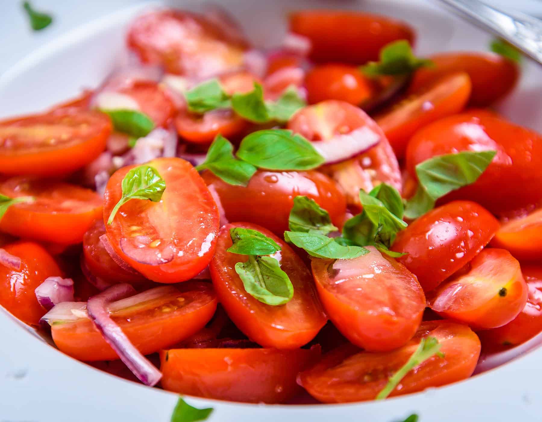 Close up of Vegan Tomato & Red Onion Salad