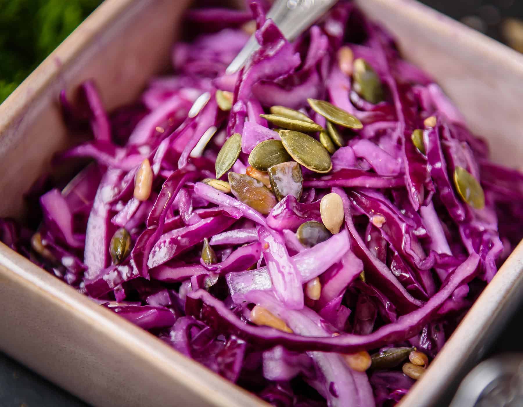 Close up of portion of Vegan Red Cabbage Slaw