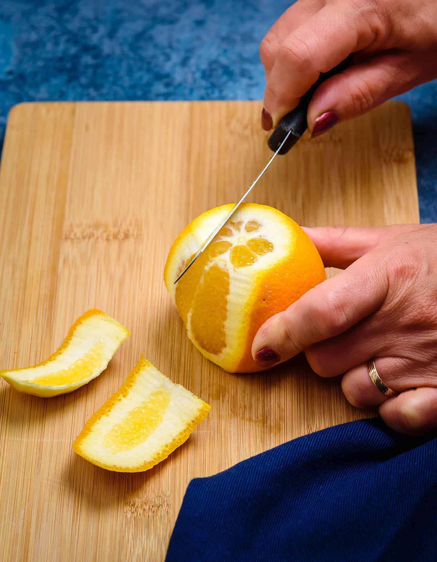 Slicing peel off orange
