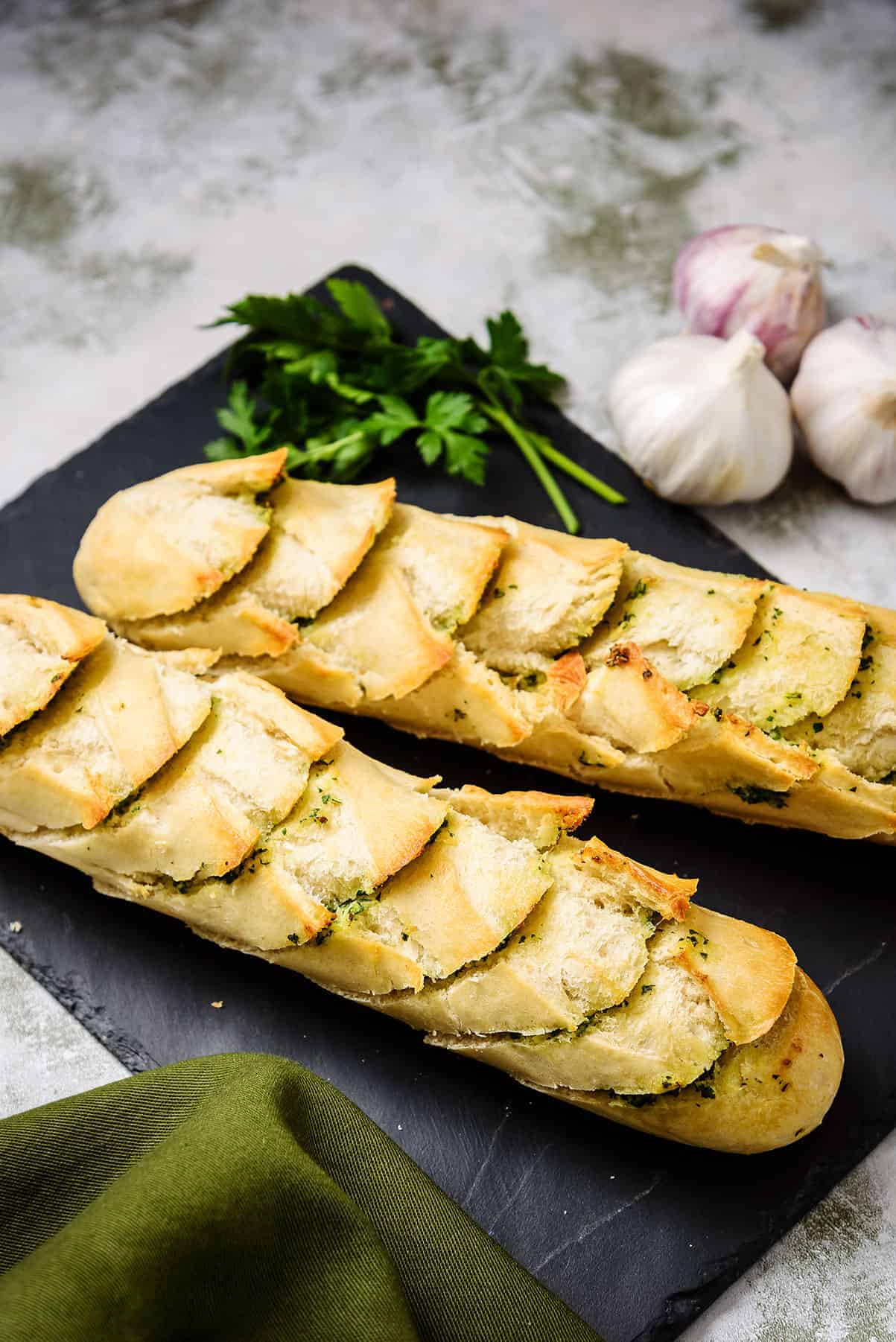 Homemade Vegan Garlic Bread on Serving Slate