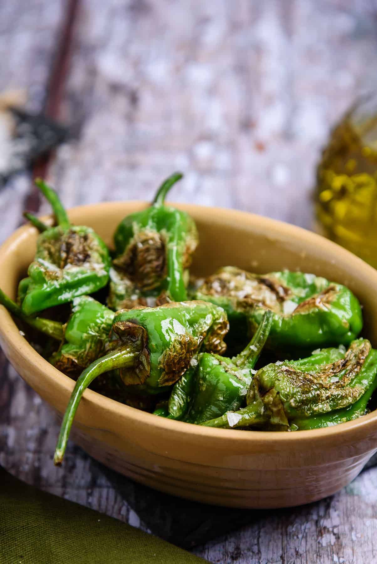 Padron Peppers with salt in serving bowl
