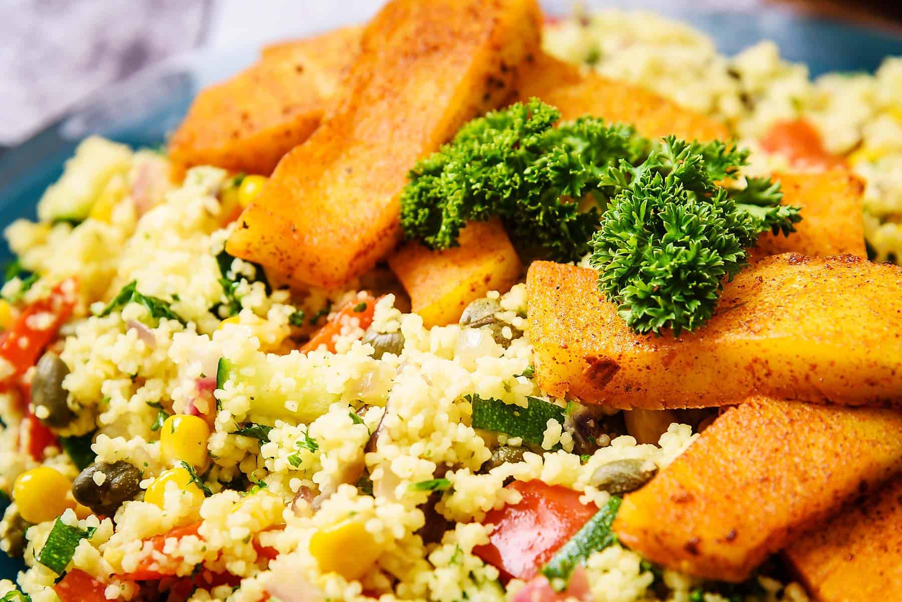 Close up of Vegan Couscous & Halloumi Salad