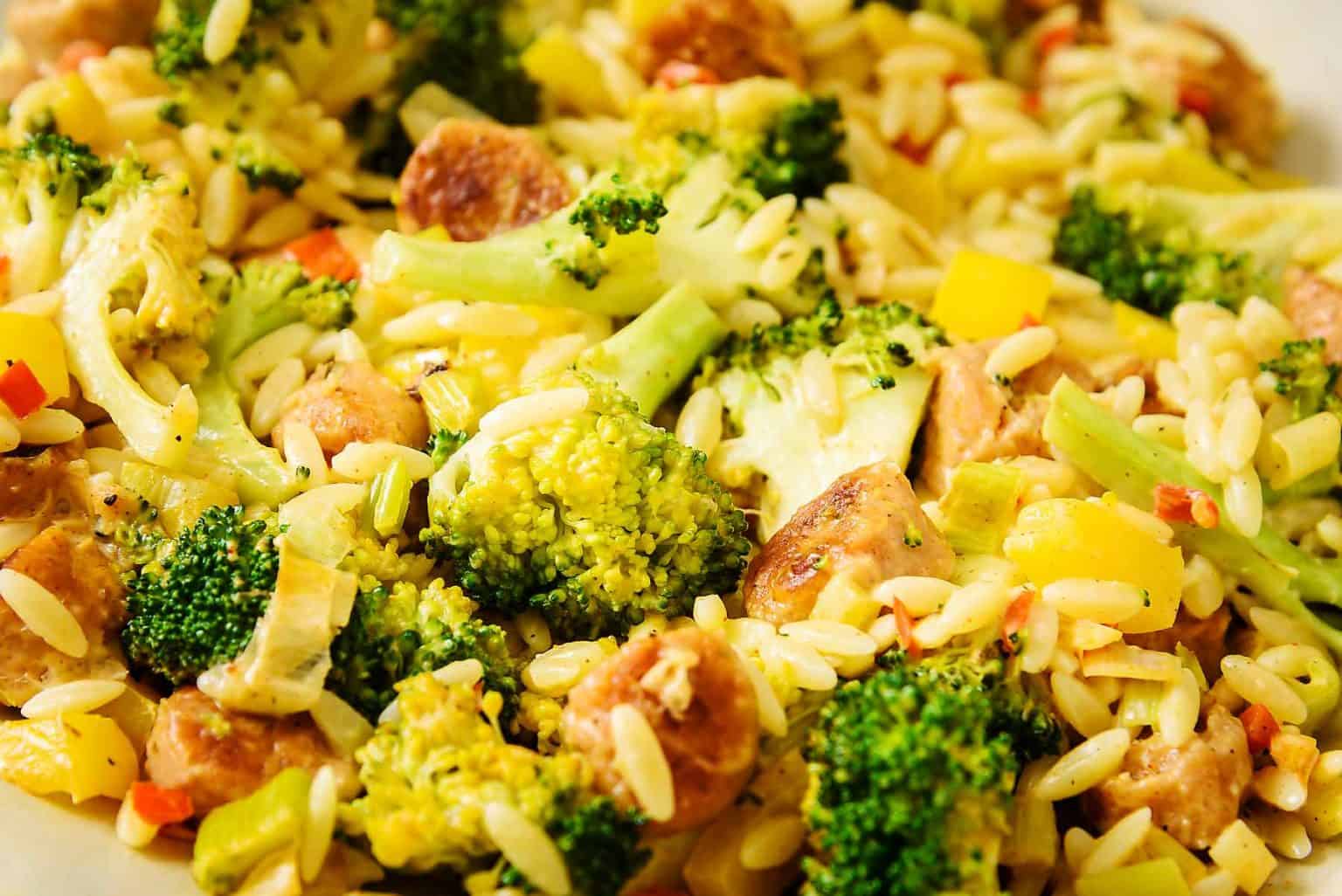 Vegan Sausage And Broccoli Orzo Pasta One Pan Especially Vegan