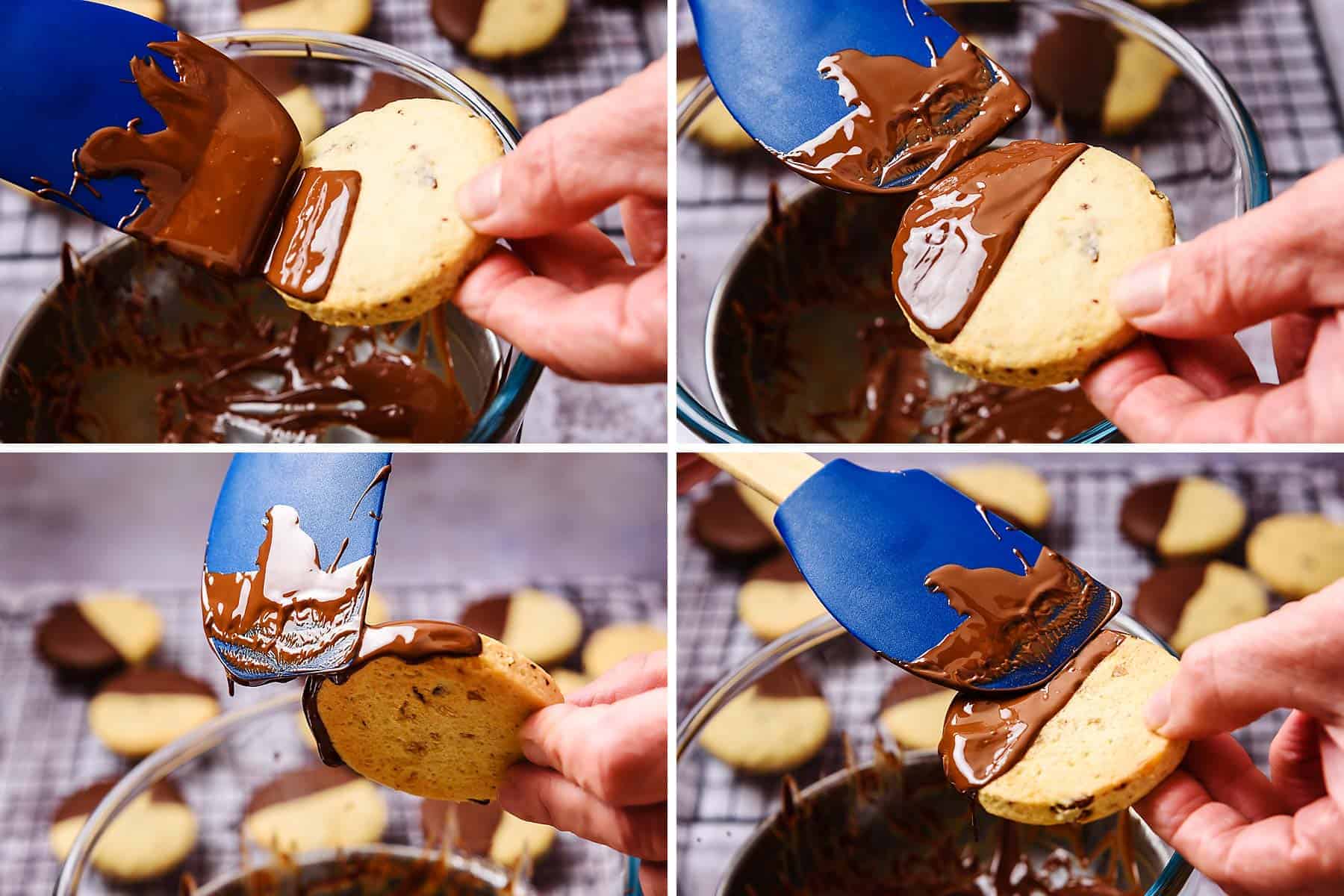 Coating cooled cookies with melted chocolate