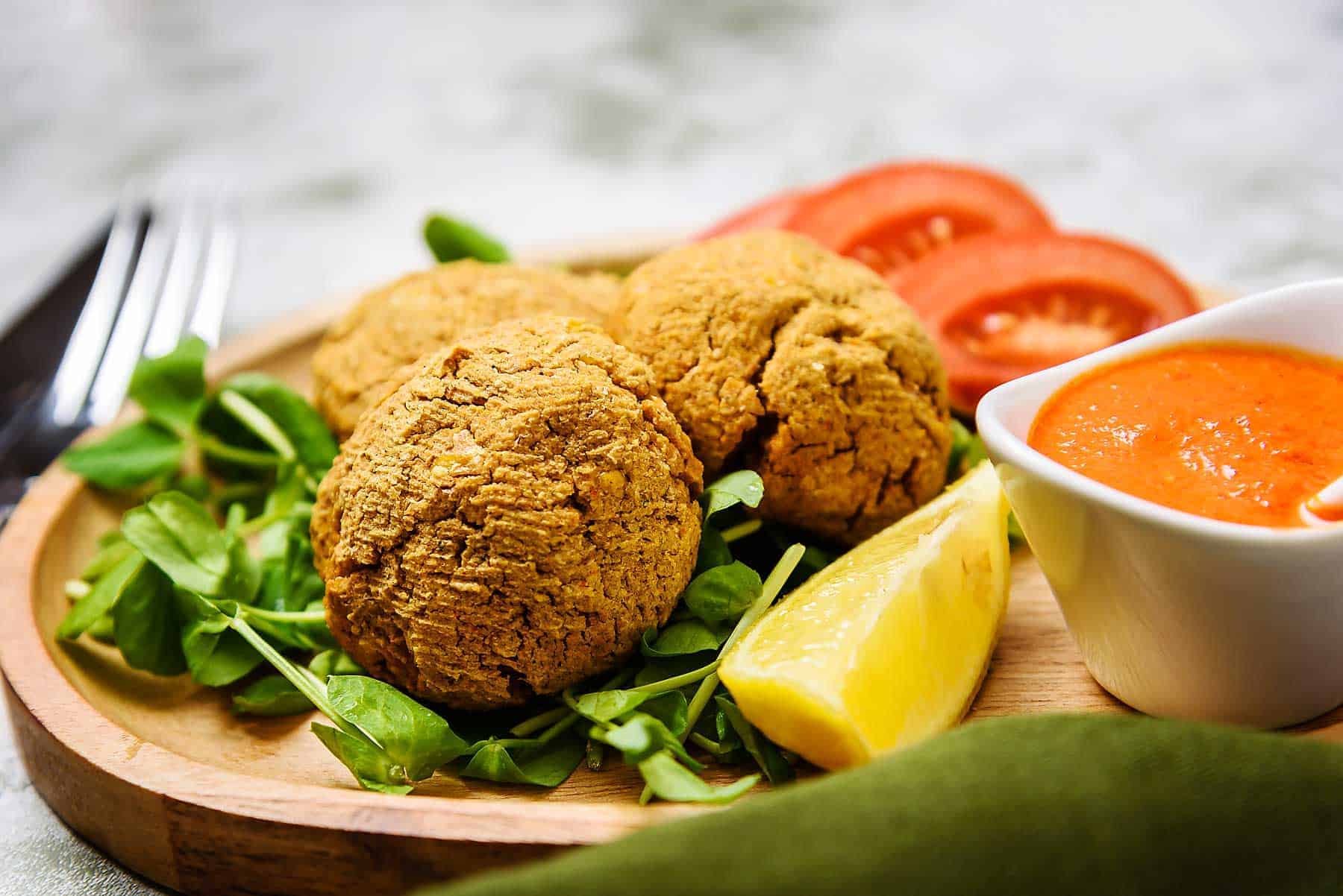 Cooked Vegan Chickpea & Sweetcorn Falafel on a plate