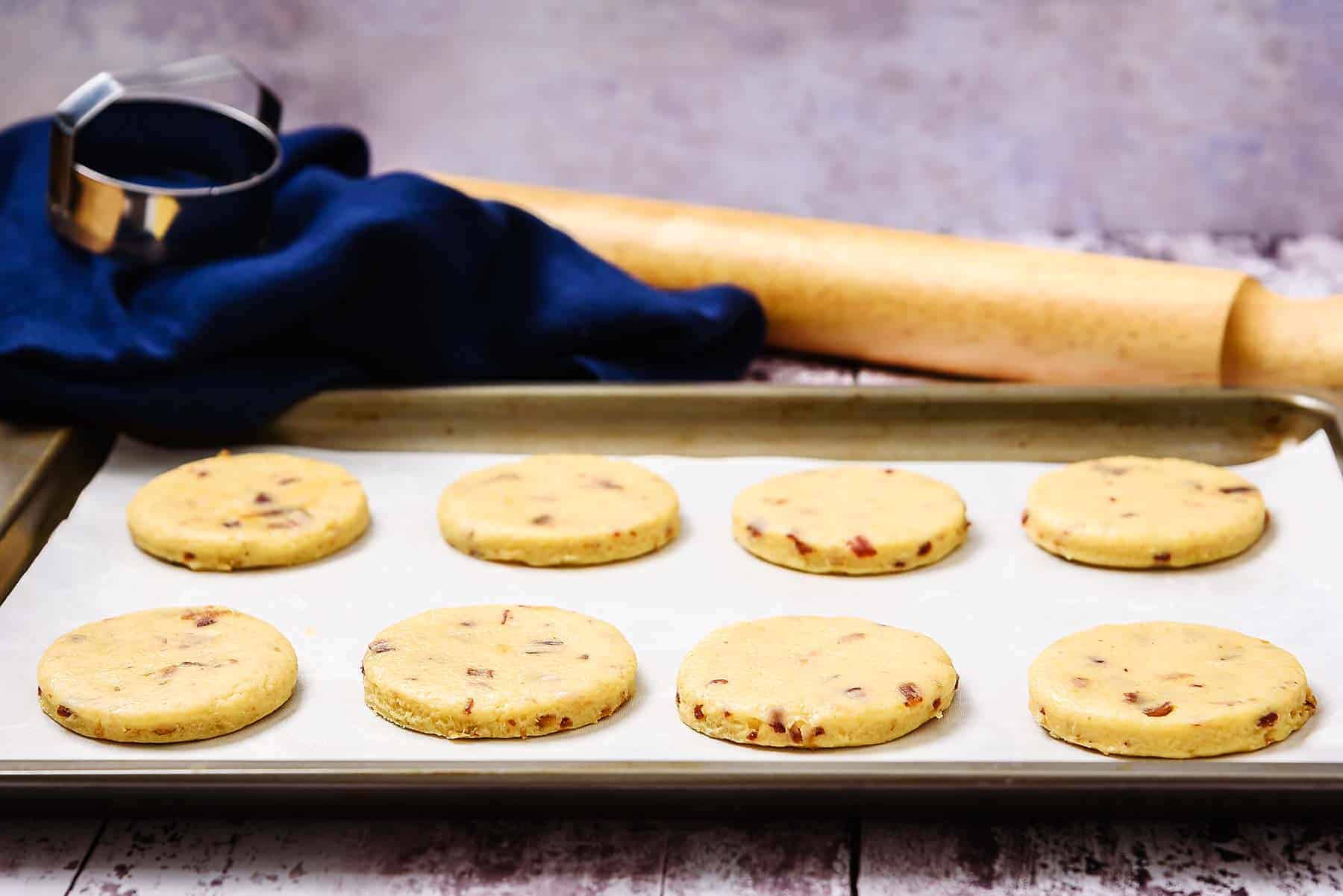 Cut cookies ready to bake on an oven tray