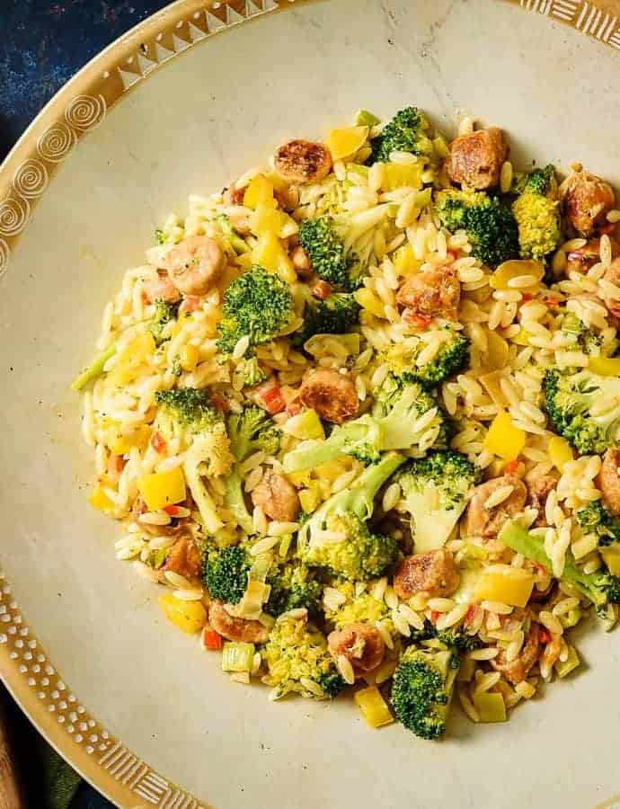 Vegan Sausage & Broccoli Orzo Pasta, One Pan!
