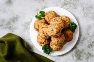 Overhead view of cooked Vegan Savoury Stuffing Balls
