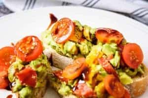 Close up of Vegan Avocado & Olive Toast-Topping
