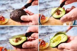 Cutting, destoning, and removing the flesh of an avocado