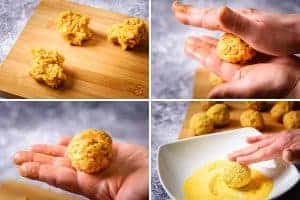 Forming the rice balls and coating them with polenta
