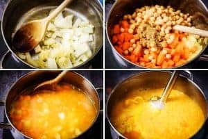 4 stages of making the soup in a saucepan