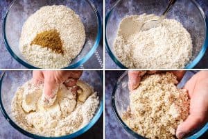 Rubbing the butter into the flour to form a breadcrumb consistency