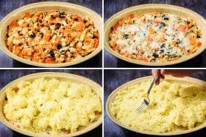4 stages of building the ingredients in an oven-proof dish ready for baking