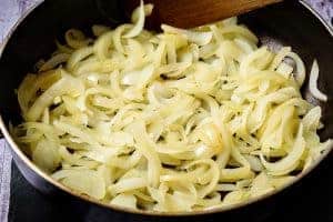 Cooked onions in a pan