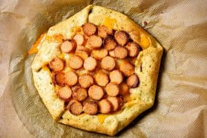 Overhead view of cooked Spicy Onion & Sausage Galette