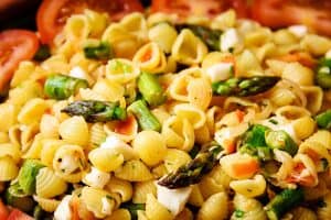 Close up of Warm Asparagus & Pasta Salad